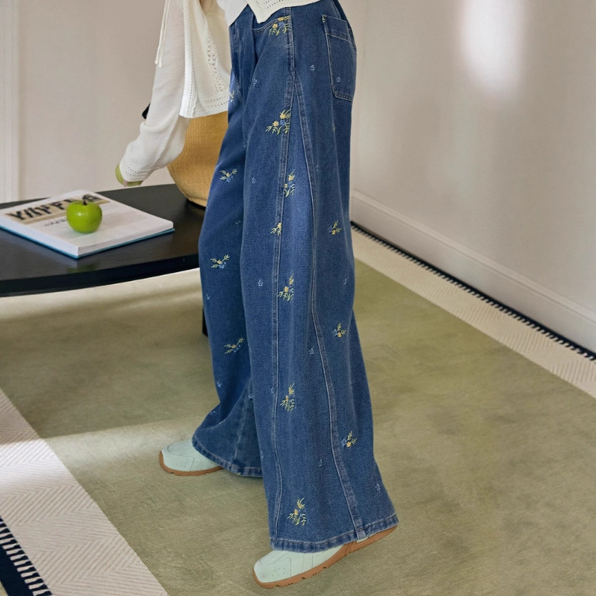 花柄ファッション 花刺繍ワイドシルエットデニムパンツ