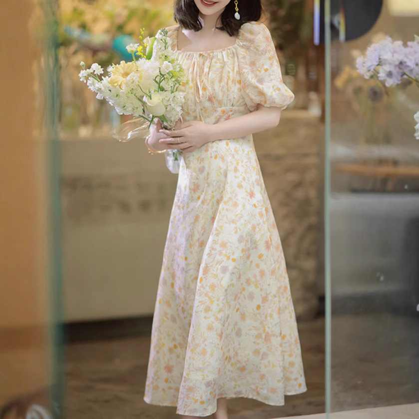 花柄ファッション 優美な花園ふんわりパフスリーブワンピース