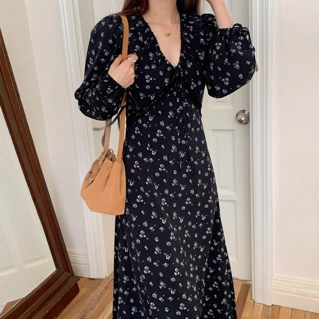 花柄ファッション 小花柄長袖Vネックマキシワンピース