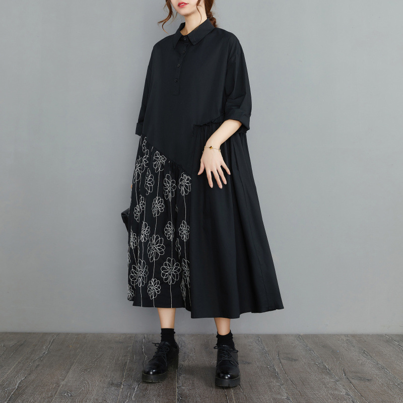 花柄ファッション 花柄刺繍切替ゆったりシャツワンピース