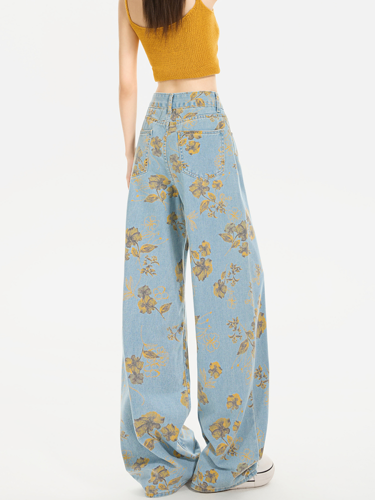 花柄ファッション 華やか花模様ワイドデニムパンツ