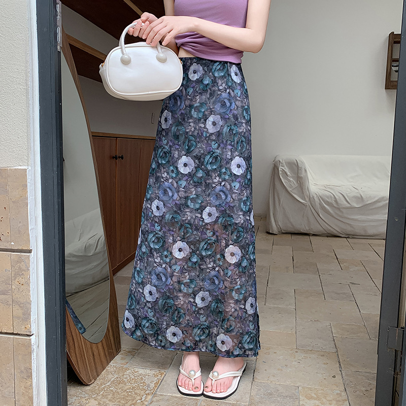 花柄ファッション 透け感シアー花柄ロングタイトスカート