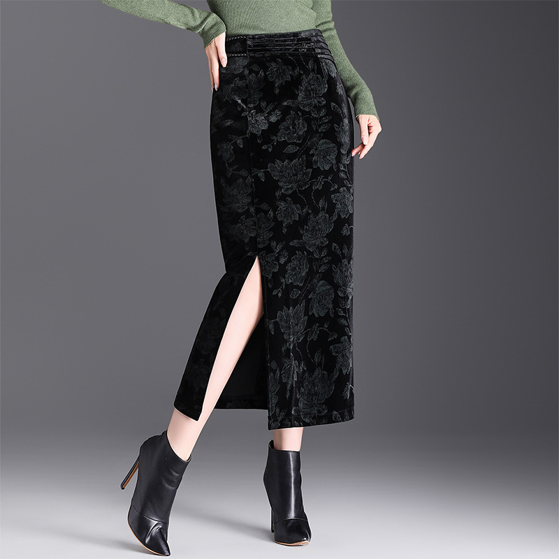花柄ファッション ベルベット調花柄刺繍タイトロングスカート
