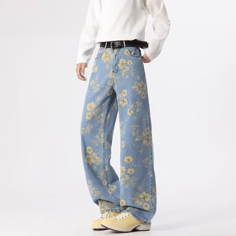 花柄ファッション 花柄総柄ワイドデニムパンツ