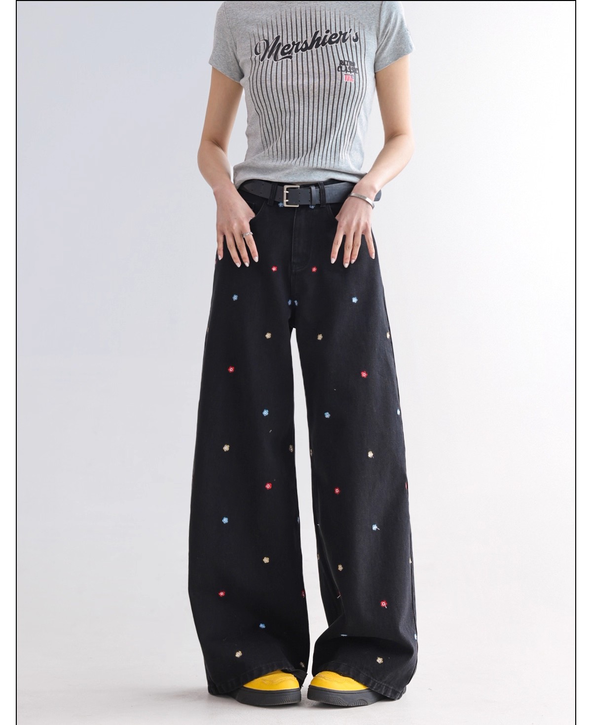 花柄ファッション カラフル刺繍フラワー ワイドデニムパンツ