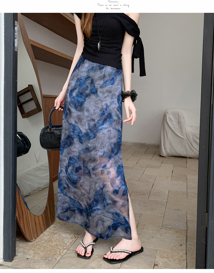 花柄ファッション 透け感シアー花柄ロングタイトスカート