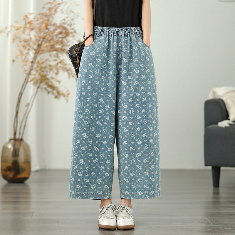 花柄ファッション 小花柄プリントワイドデニムパンツ