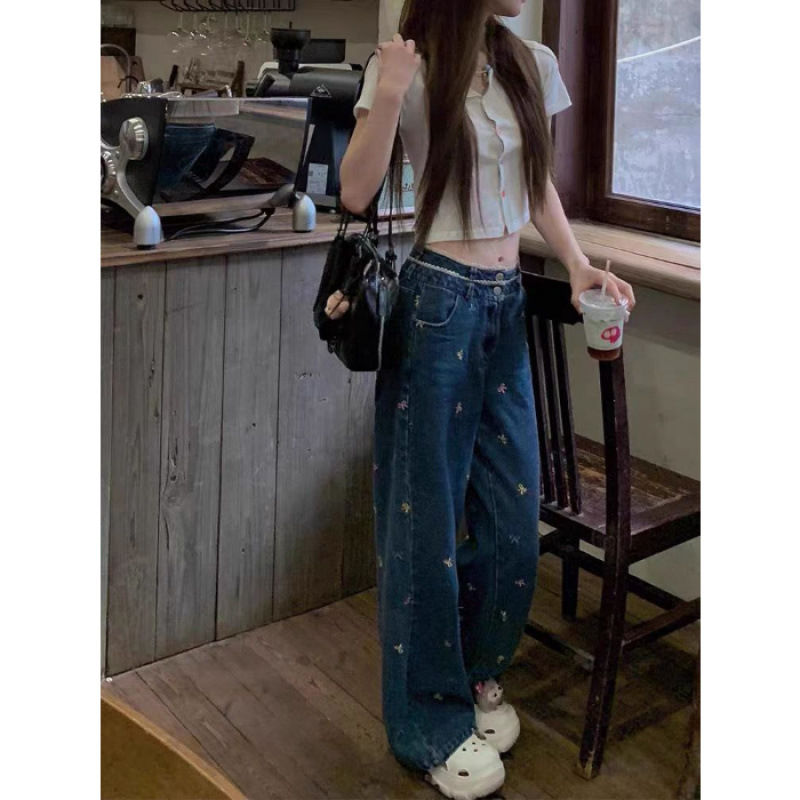 花柄ファッション 小花刺繍デニムワイドパンツ