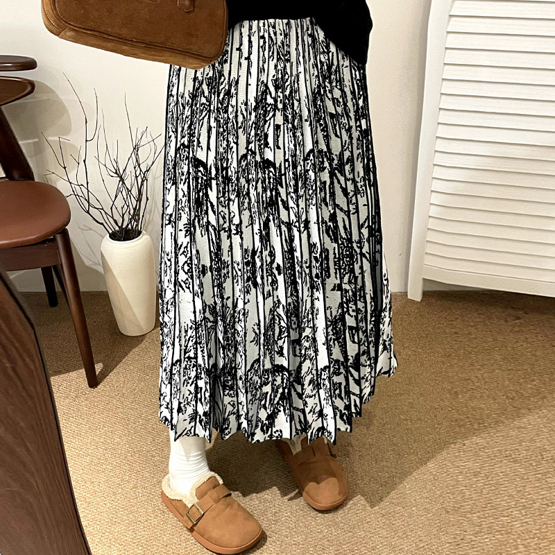 花柄ファッション モノトーン樹木柄プリーツロングスカート