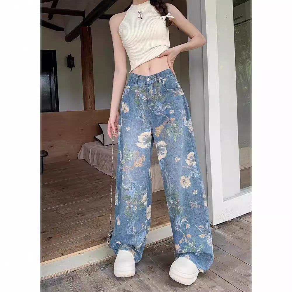 花柄ファッション 大輪花柄プリントワイドデニムパンツ