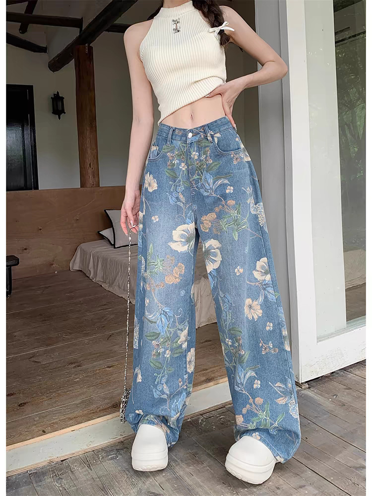 花柄ファッション 大輪花柄プリントワイドデニムパンツ