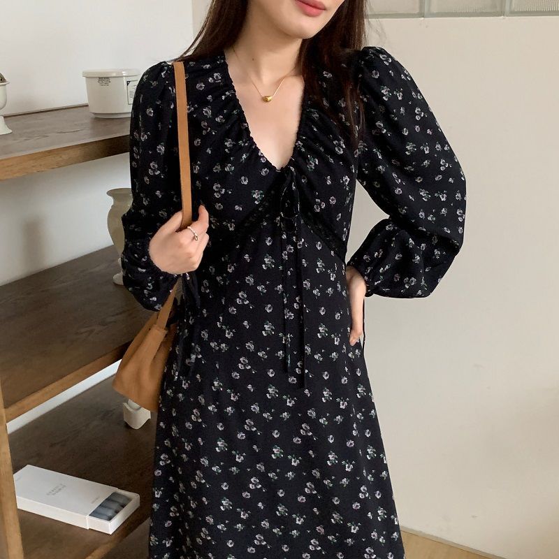 花柄ファッション 小花柄長袖Vネックマキシワンピース