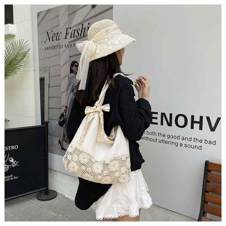 花柄ファッション レース編み飾り付き大容量肩掛け布製鞄