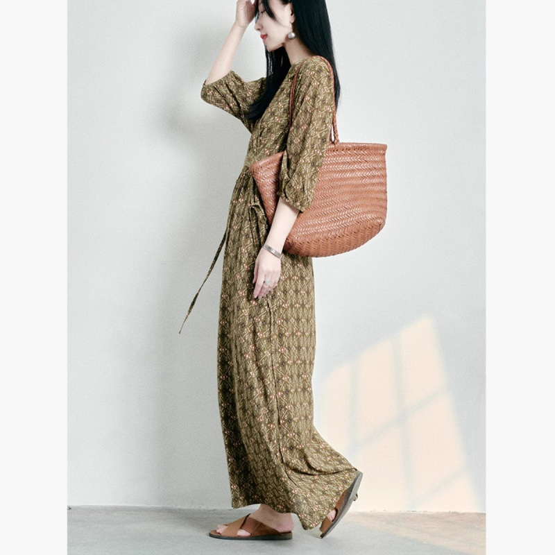 花柄ファッション 小花柄ウエストギャザー七分袖マキシワンピース