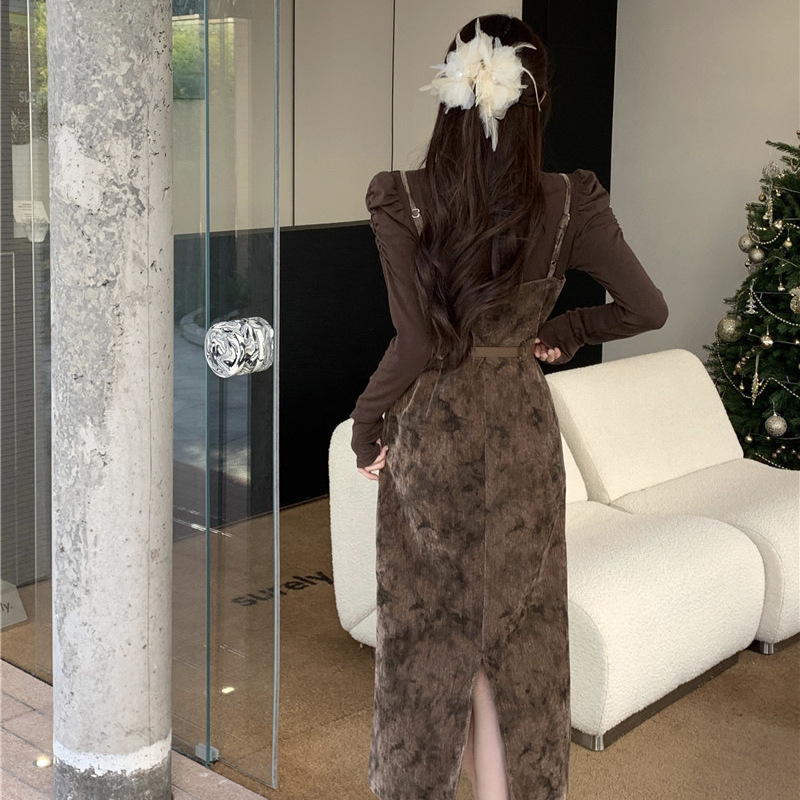 花柄ファッション ベルト付きベロア調キャミワンピース