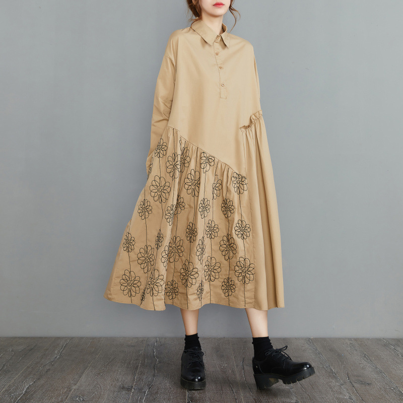 花柄ファッション 花柄刺繍切替ゆったりシャツワンピース