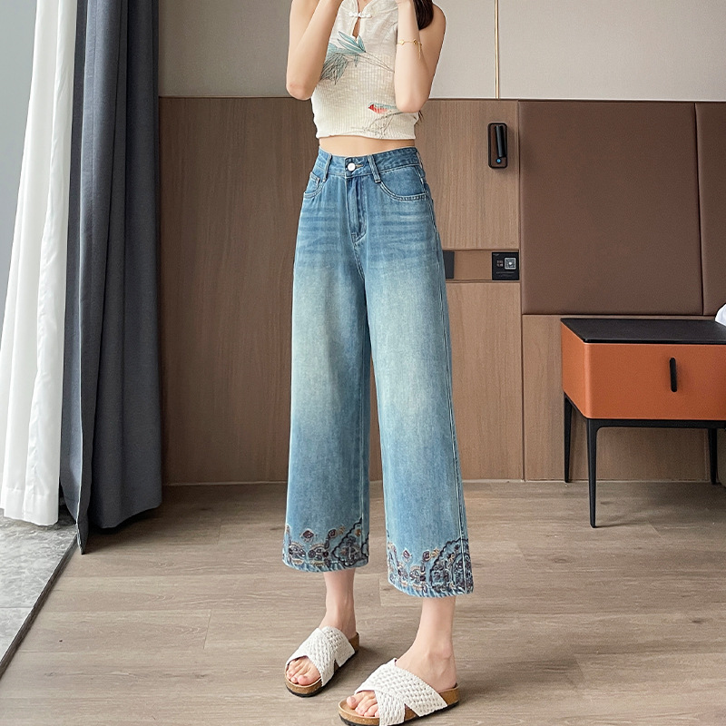 花柄ファッション 裾刺繍デザイン花柄デニムワイドパンツ