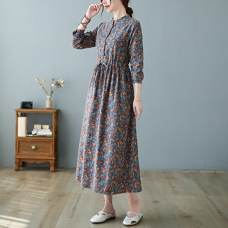 花柄ファッション 小花柄ギャザー切替スタンドカラー長袖ワンピース