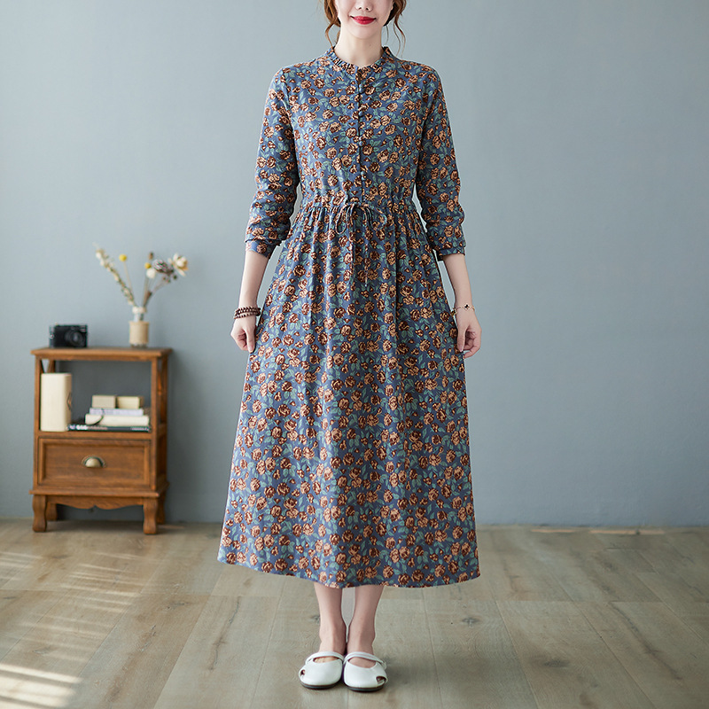 花柄ファッション 小花柄ギャザー切替スタンドカラー長袖ワンピース