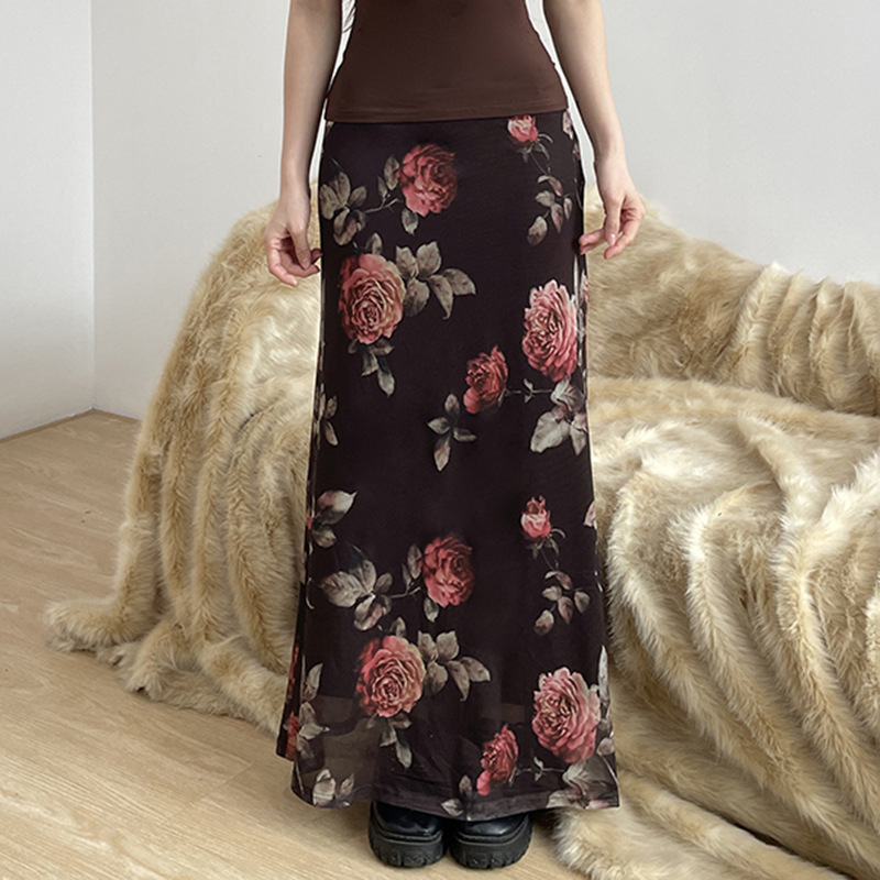 花柄ファッション 薔薇柄シアーロングタイトスカート