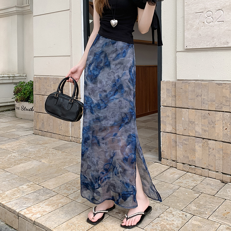 花柄ファッション 透け感シアー花柄ロングタイトスカート