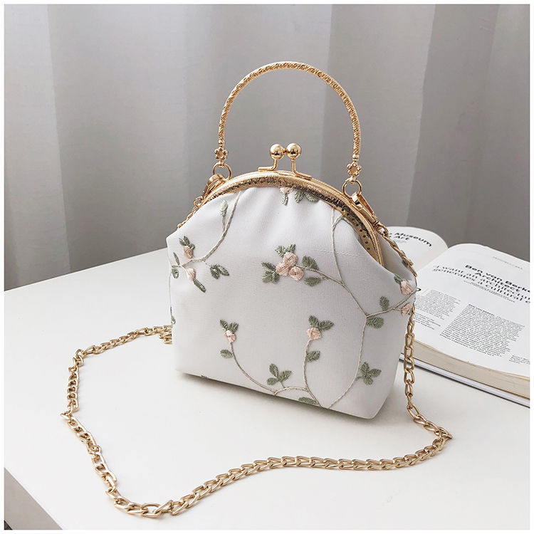 花柄ファッション 刺繍フラワー金具付きがま口チェーンバッグ
