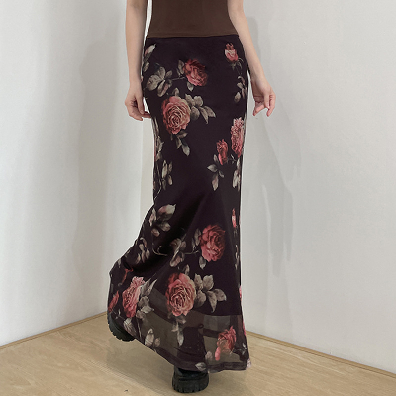 花柄ファッション 薔薇柄シアーロングタイトスカート