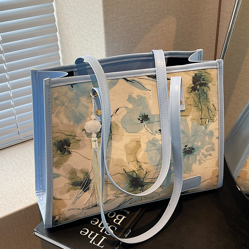 花柄ファッション 水彩花柄透明トートバッグ房飾り付き