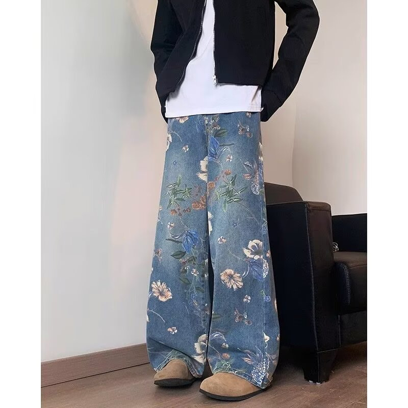 花柄ファッション ボタニカル花柄ワイドデニムパンツ