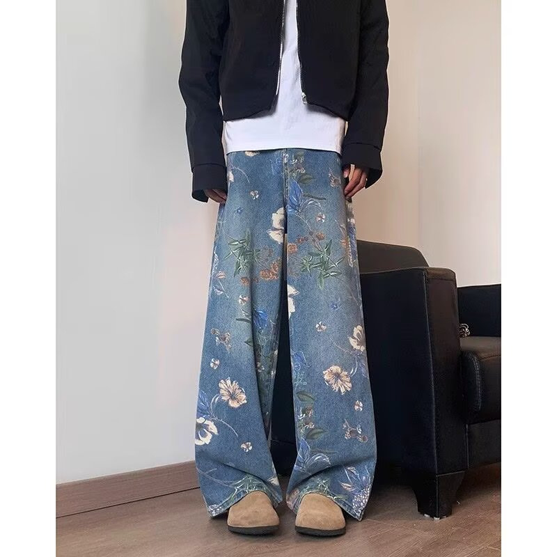 花柄ファッション ボタニカル花柄ワイドデニムパンツ