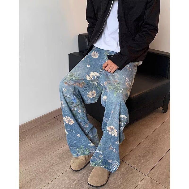 花柄ファッション ボタニカル花柄ワイドデニムパンツ