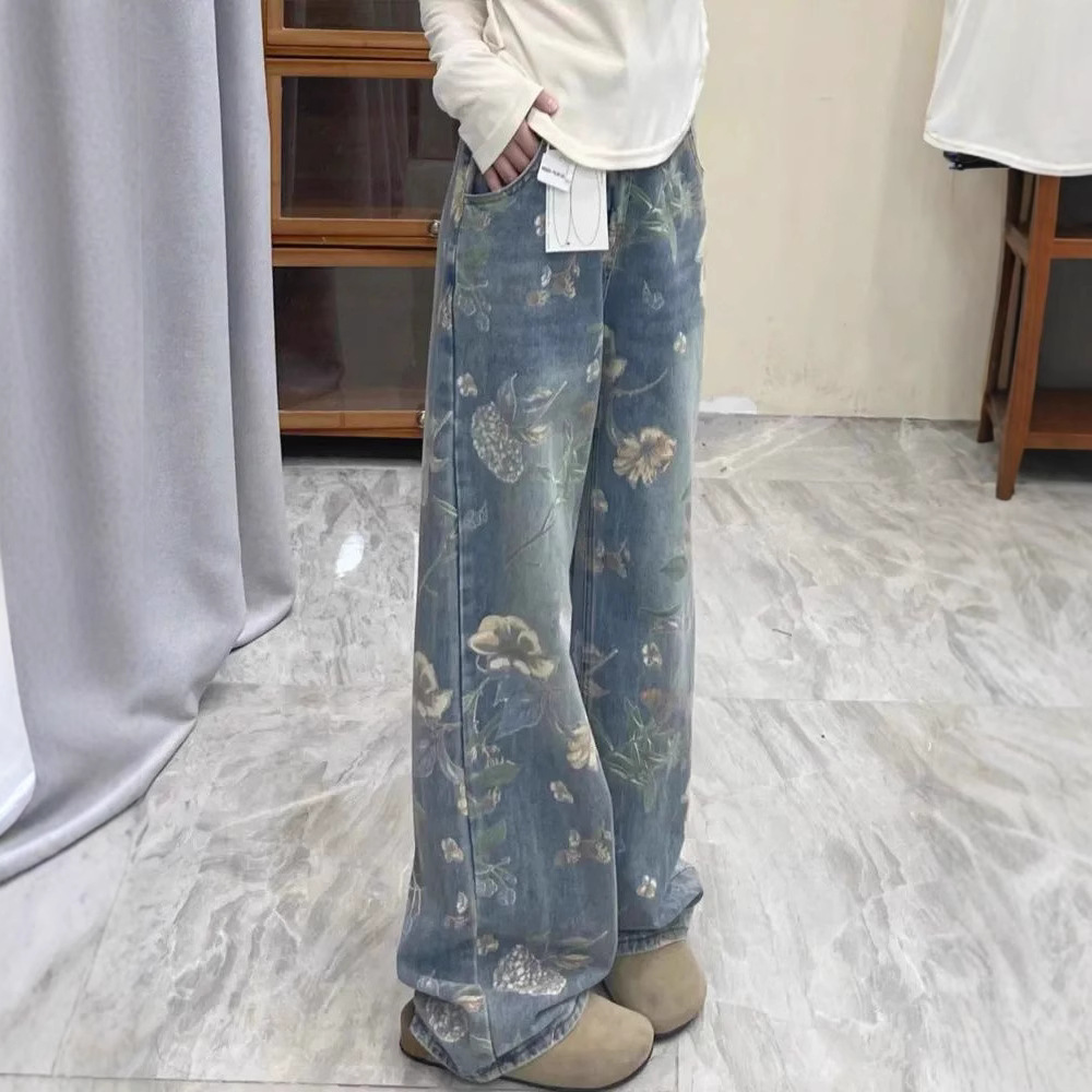 花柄ファッション ヴィンテージ風花柄プリントワイドデニムパンツ