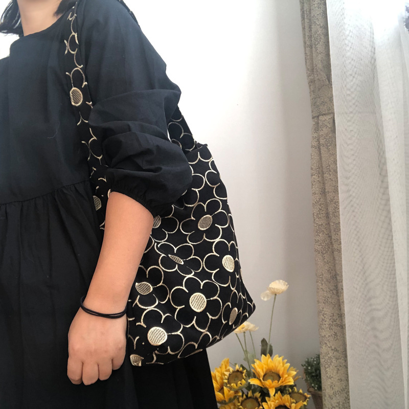 花柄ファッション 幾何学円柄パネル切替ショルダーバッグ