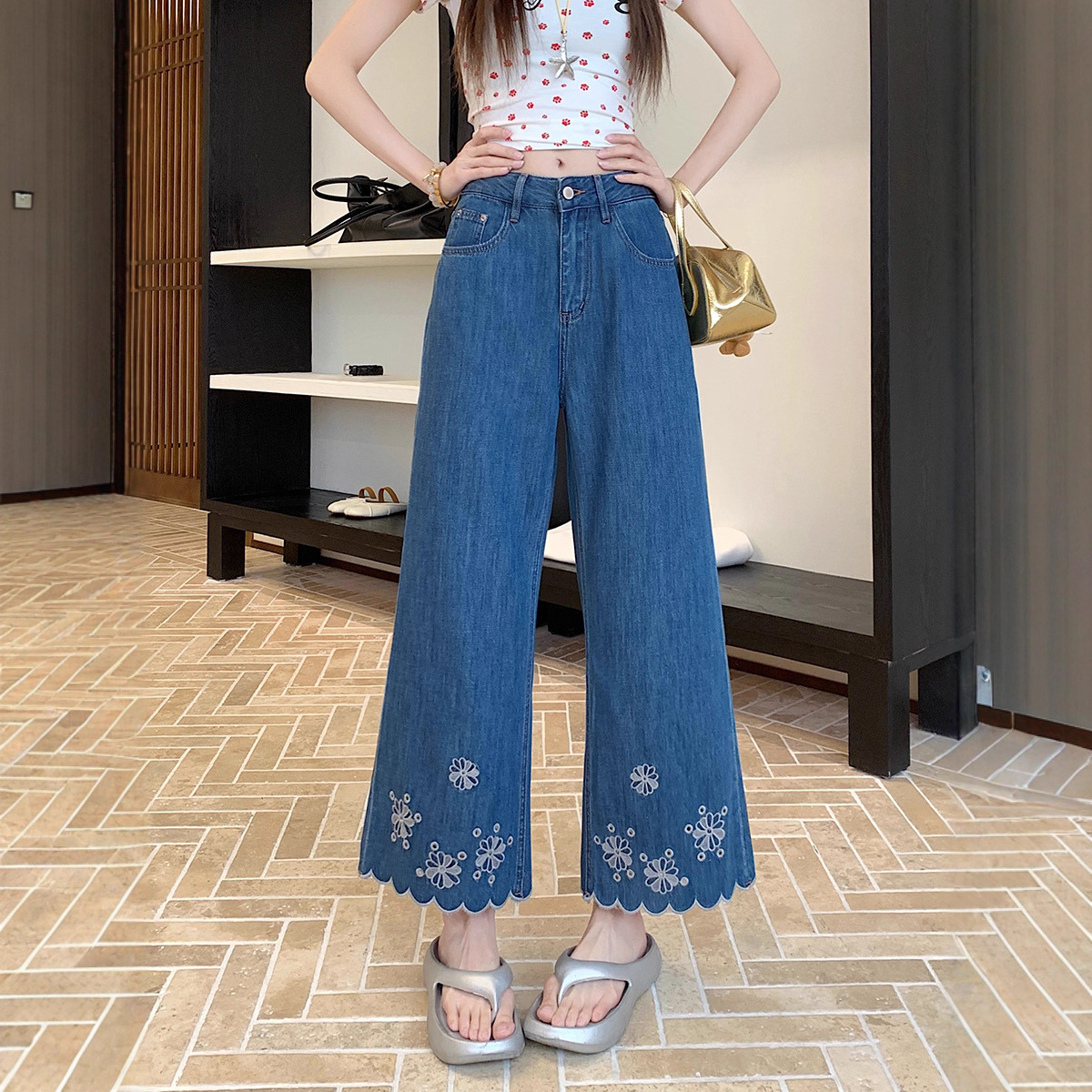 花柄ファッション 裾スカラップ刺繍フラワーワイドデニムパンツ