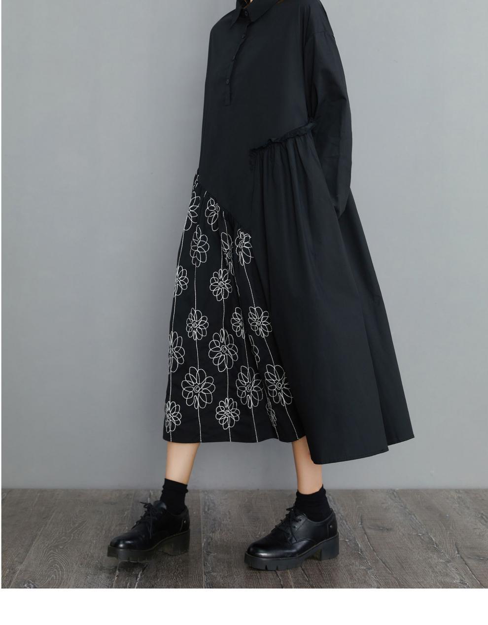 花柄ファッション 花柄刺繍切替ゆったりシャツワンピース