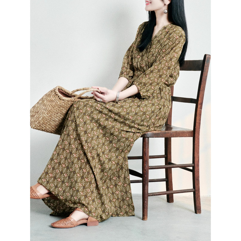 花柄ファッション 小花柄ウエストギャザー七分袖マキシワンピース