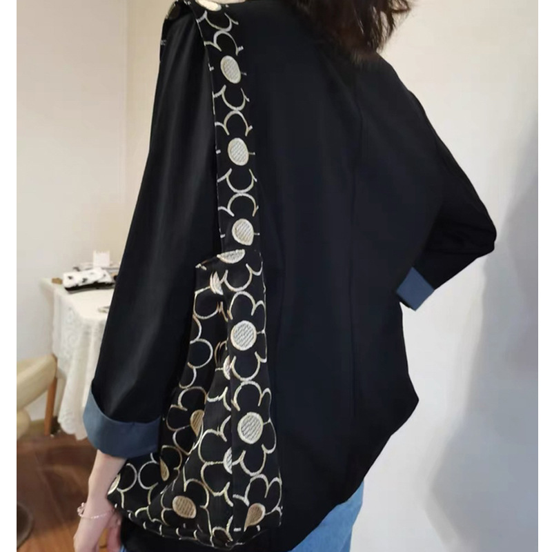 花柄ファッション 幾何学円柄パネル切替ショルダーバッグ