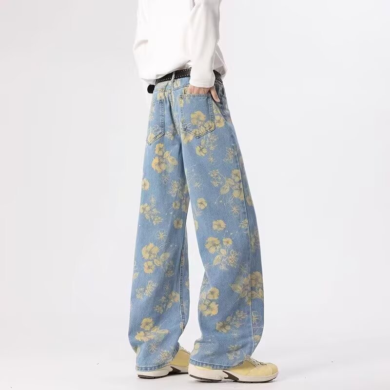 花柄ファッション 花柄総柄ワイドデニムパンツ