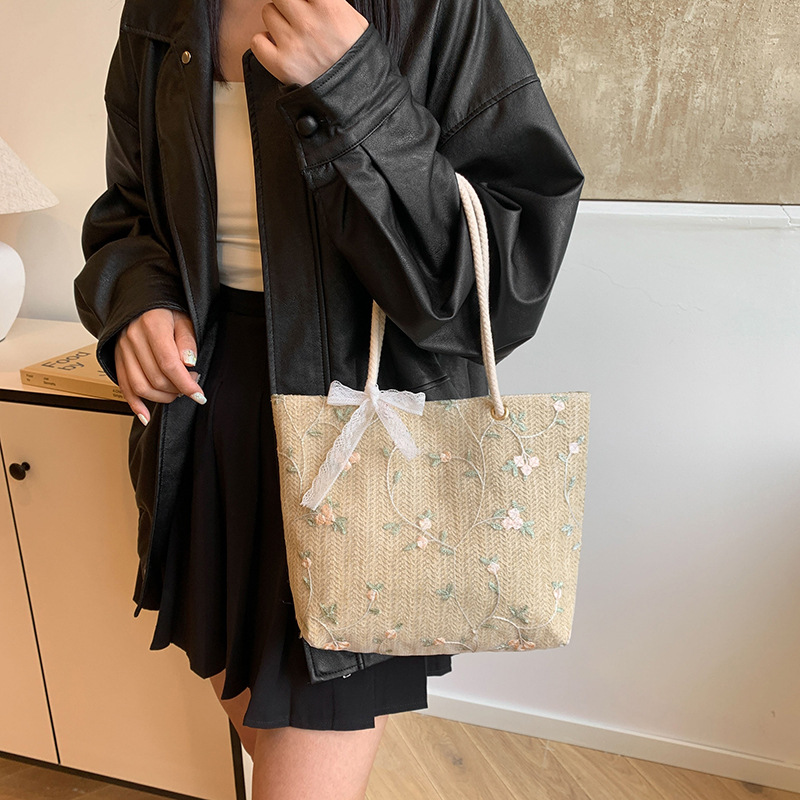 花柄ファッション 刺繍フラワーヘリンボーン柄ロープハンドルトートバッグ