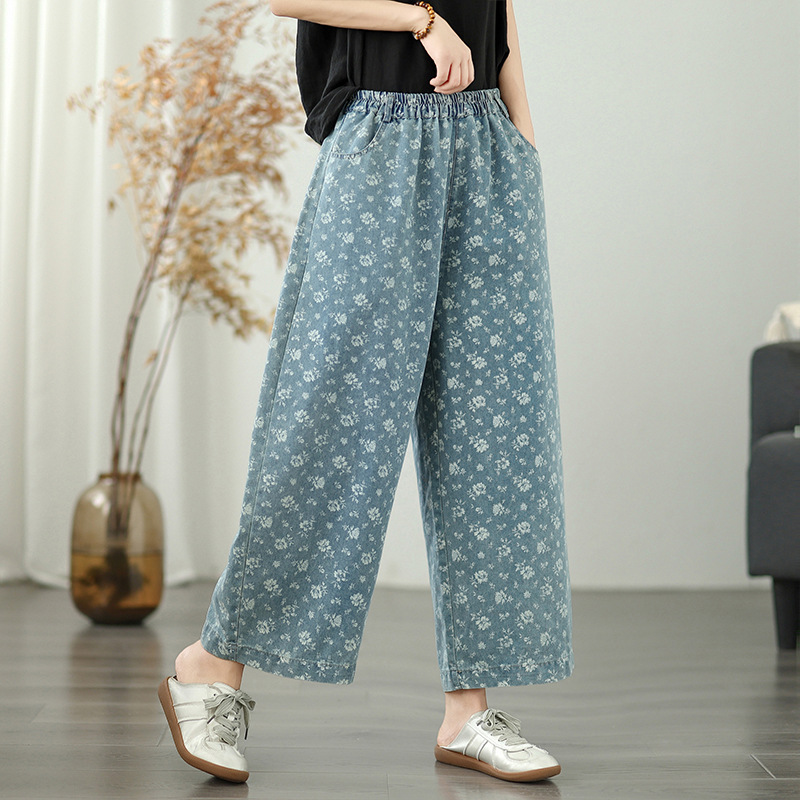 花柄ファッション 小花柄プリントワイドデニムパンツ