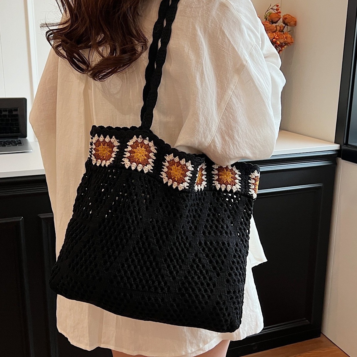 花柄ファッション グラニースクエア編み巾着トートバッグ