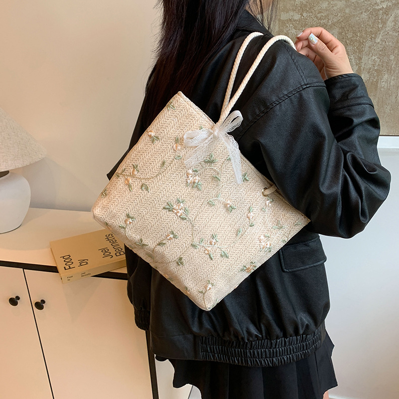 花柄ファッション 刺繍フラワーヘリンボーン柄ロープハンドルトートバッグ