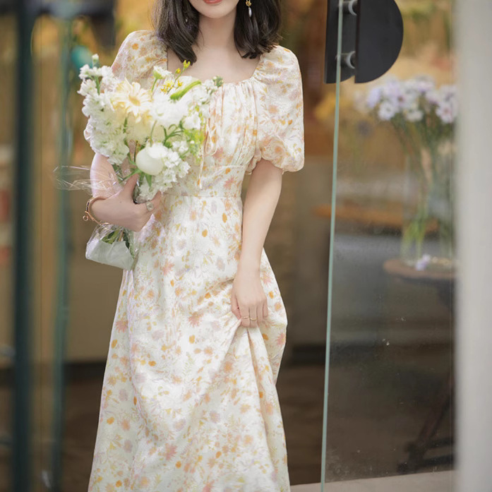 花柄ファッション 優美な花園ふんわりパフスリーブワンピース