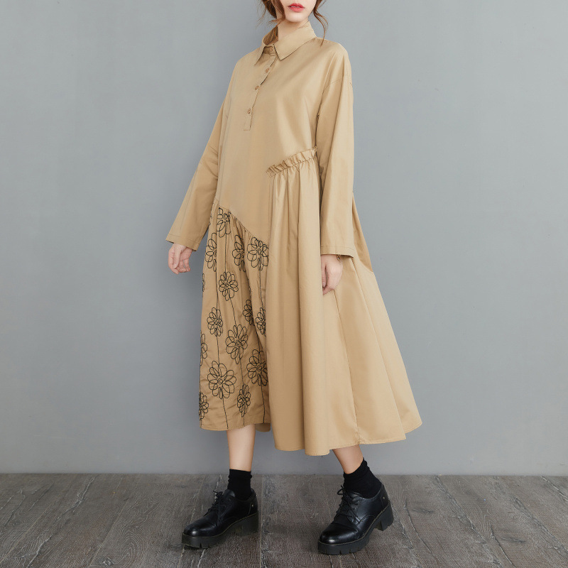 花柄ファッション 花柄刺繍切替ゆったりシャツワンピース