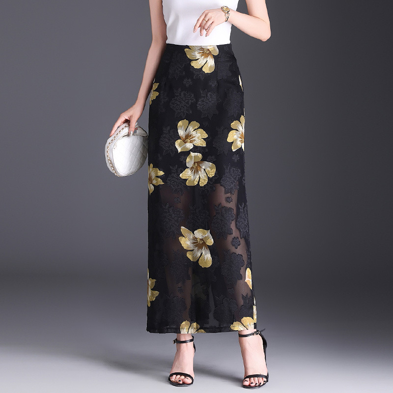 透かし花柄シースルーロングスカート