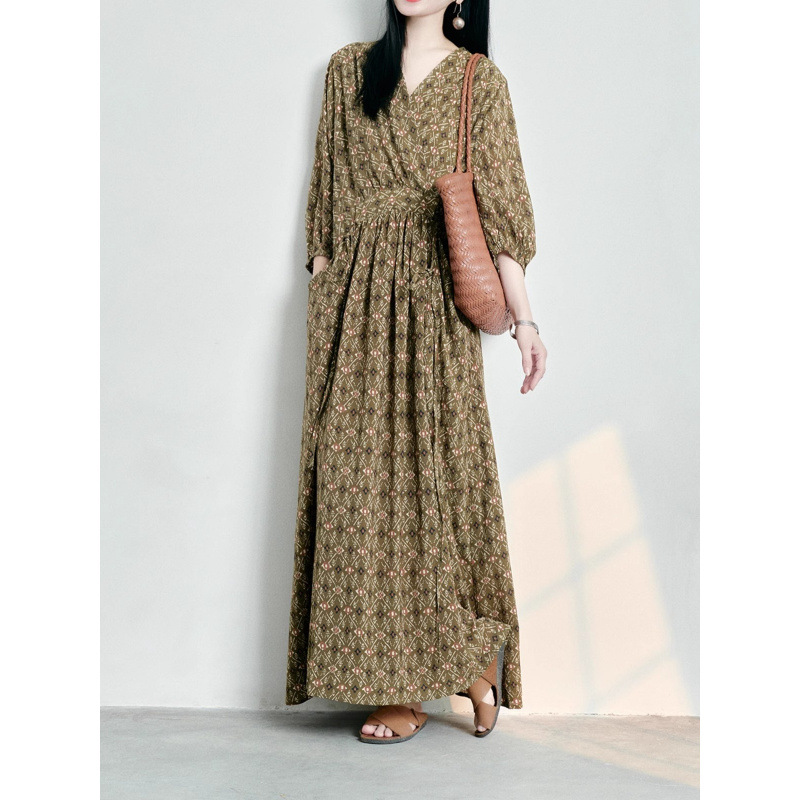 花柄ファッション 小花柄ウエストギャザー七分袖マキシワンピース