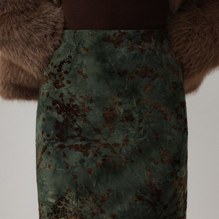 花柄ファッション 深緑ムラ染め上品ミディ丈タイトスカート