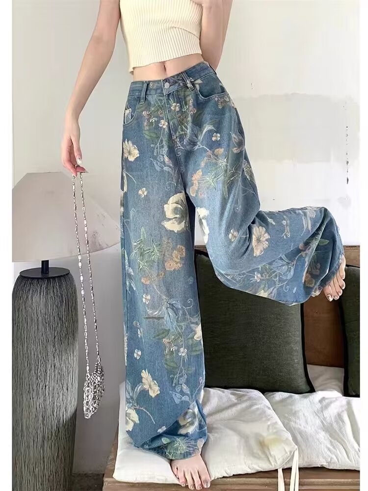 花柄ファッション 大輪花柄プリントワイドデニムパンツ