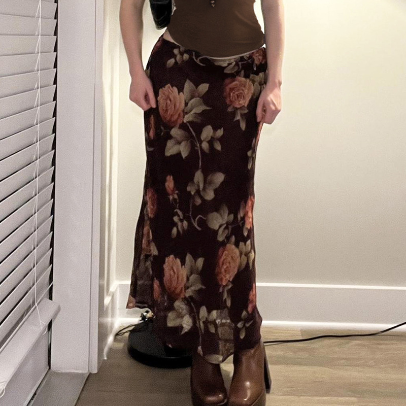 花柄ファッション 薔薇柄シアーロングタイトスカート
