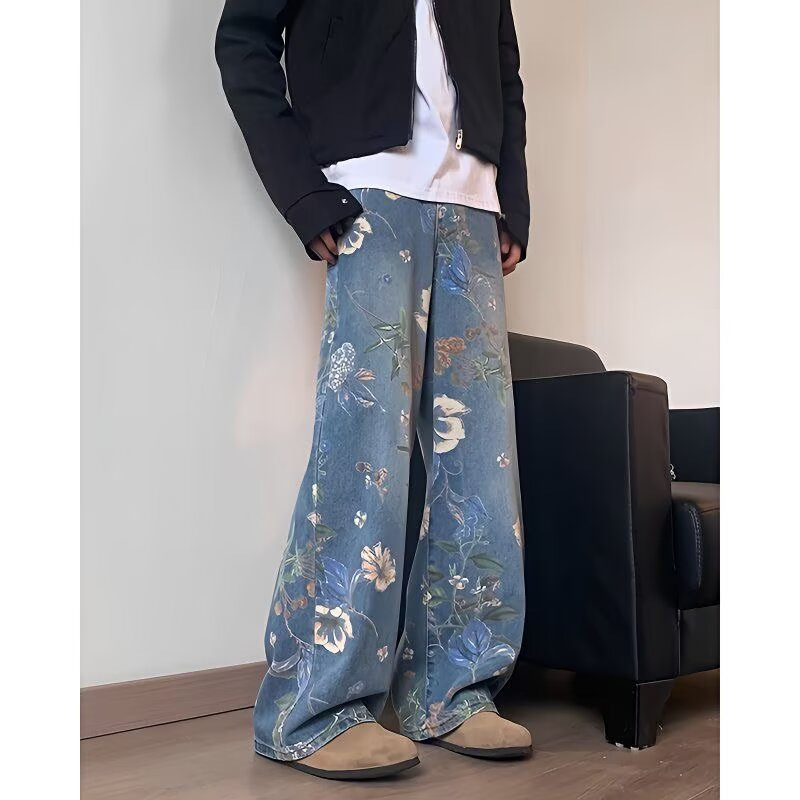花柄ファッション ボタニカル花柄ワイドデニムパンツ